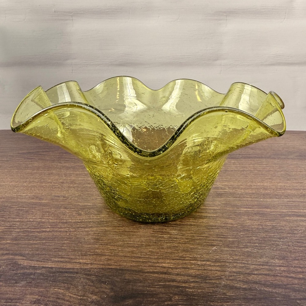 Blenko 3744-X Chartreuse Crackle Glass Ruffled Bowl Pre-Designer